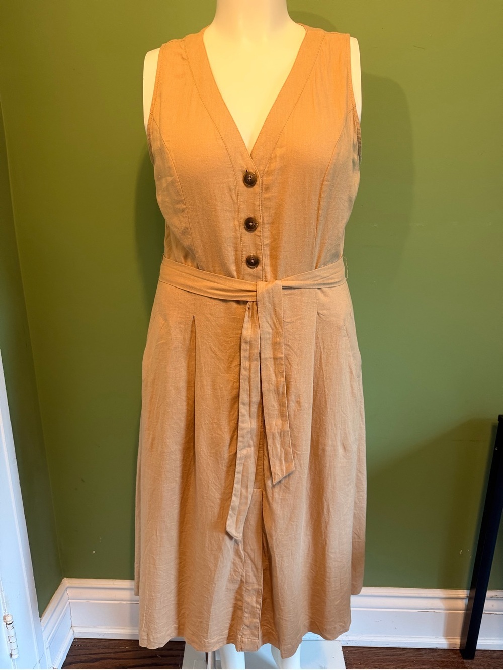 Reitman’s Linen Sleeveless Tan V-Neck Button Midi Dress with Waist Tie